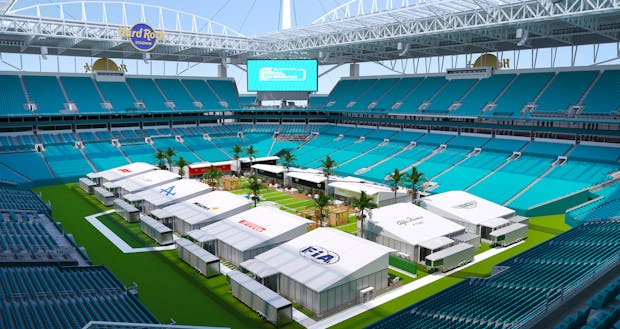 A rendering of the Team Village paddock which will be relocated to the football field at Hard Rock Stadium (Credit: Miami GP)