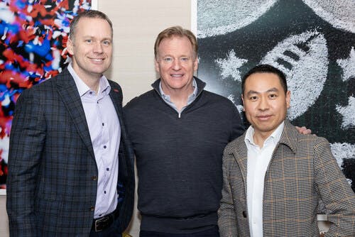 TCL North America president Mark Zhang (r) and senior vice president Chris Hamdorf (l) meet with National Football League commissioner Roger Goodell. (NFL)