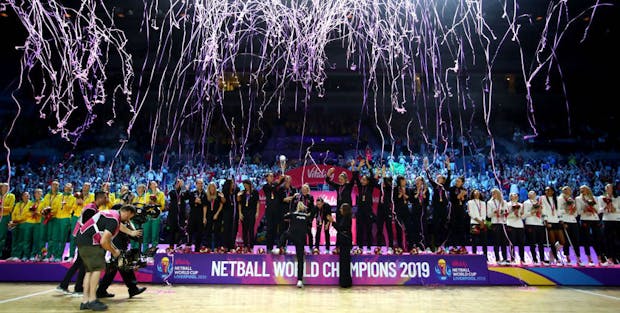 New Zealand lifts the World Cup trophy on Day 10 of the Vitality Netball World Cup in Liverpool (Photo by Chloe Knott - Danehouse/Getty Images)