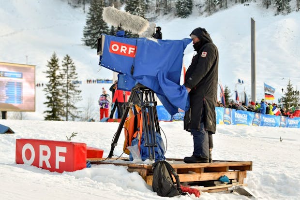 An ORF camera operator at a IBU World Cup biathlon event in Hochfilzen, Austria (by Franz Kirchmayr/SEPA.Media /Getty Images)