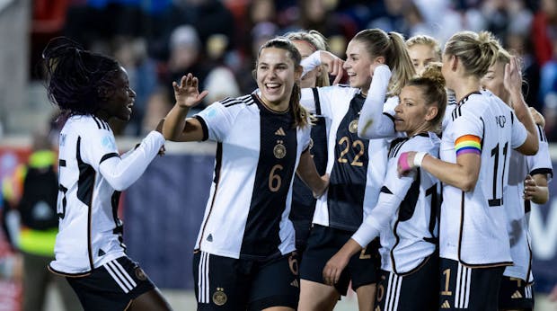 Jule Brand of Germany celebrates a goal with teammates (Photo by Ira L. Black/Getty Images)