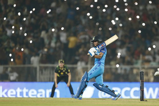 Harmanpreet Kaur of India plays a shot during the T20 match against Australia at Brabourne Stadium on December 17, 2022 (by Pankaj Nangia/Getty Images)