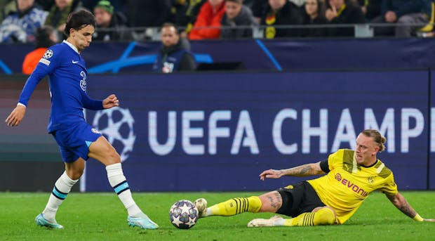 Joao Felix of Chelsea and Marius Wolf of Borussia Dortmund during the Uefa Champions League Round of 16 (Photo by Marcel ter Bals/BSR Agency/Getty Images)