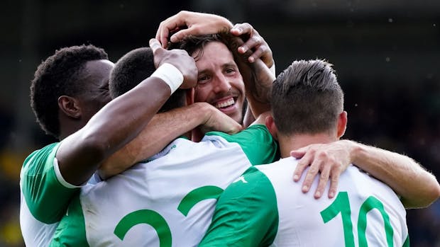 Aitor Cantalapiedra of Panathinaikos celebrates with team-mates during a pre-season friendly in 2021. (Photo by Jeroen Meuwsen/BSR Agency/Getty Images)