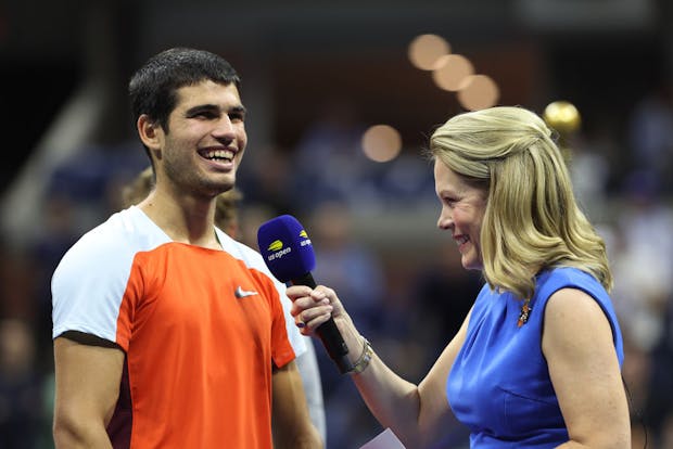 Carlos Alcaraz is interviewed after winning the 2022 US Open. (Photo by Julian Finney/Getty Images)