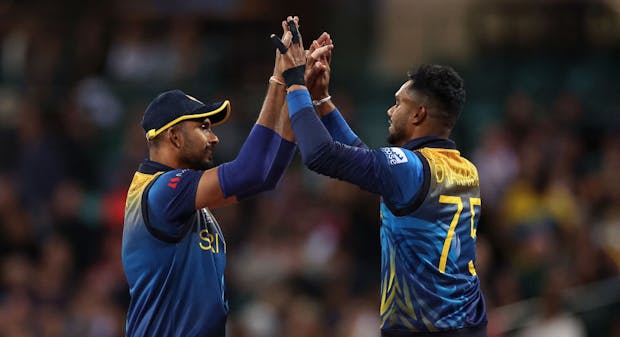 Dhananjaya de Silva of Sri Lanka celebrates catching Liam Livingstone of England off a delivery by Lahiru Kumara (Photo by Cameron Spencer/Getty Images)