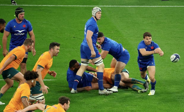 Antoine Dupont in action during Autumn test match between France and Australia at Stade de France on November 05, 2022 (Photo by Xavier Laine/Getty Images)