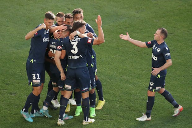 Jake Brimmer of Victory celebrates scoring a goal during the round 14 A-League match between Melbourne Victory and Sydney FC (Photo by Kelly Defina/Getty Images)