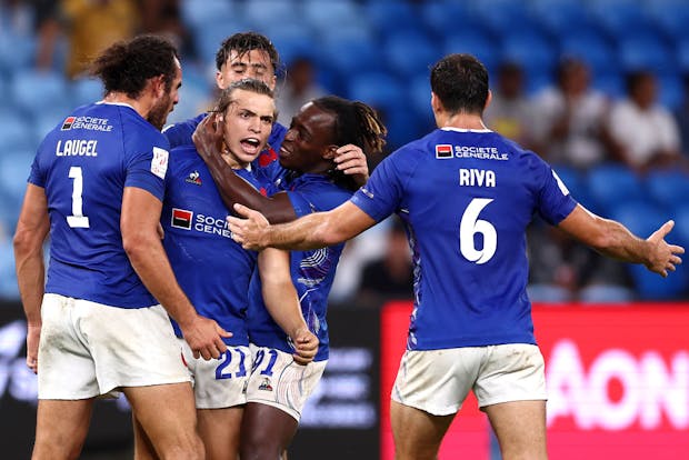 Thomas Carol of France celebrates with team mates after kicking the winning goal during the 2023 Sydney Sevens match against Australia (Matt King/Getty Images)