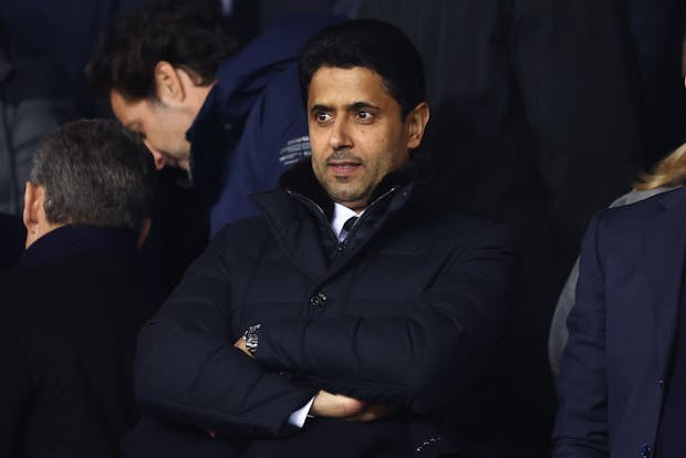 Paris Saint-Germain president Nasser Al-Khelaifi looks on during the Uefa Champions League match against Bayern Munich (Photo by Chris Brunskill/Fantasista/Getty Images)