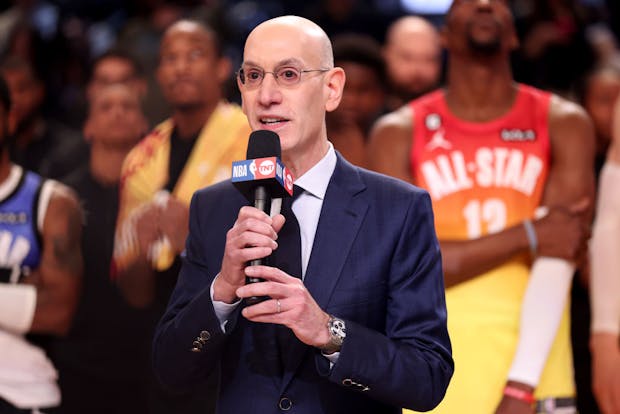 NBA commissioner Adam Silver talks after the All Star Game on February 19, 2023 (by Tim Nwachukwu/Getty Images)
