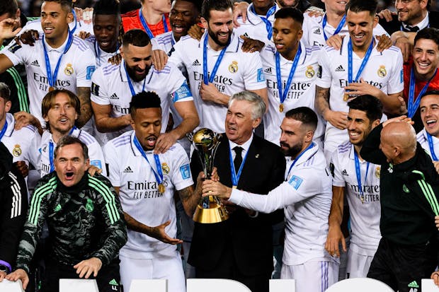 Real Madrid celebrate winning 2022 Club World Cup (Photo by Marcio Machado/Eurasia Sport Images/Getty Images)