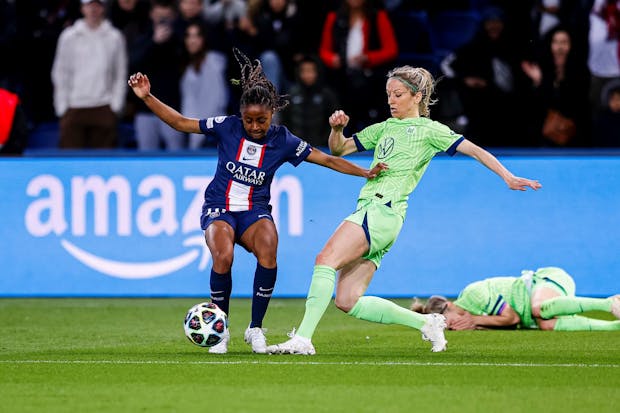 Amazon logo is visible in Women's Champions League quarter-final match between PSG and Wolfsburg. (Photo by Antonio Borga/Eurasia Sport Images/Getty Images).