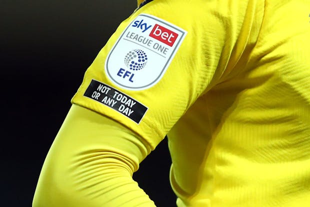 Anti-racism message beside Sky Bet EFL logo during Oxford United v Bristol Rovers EFL Trophy match on October 6, 2020 (Photo by Marc Atkins/Getty Images)