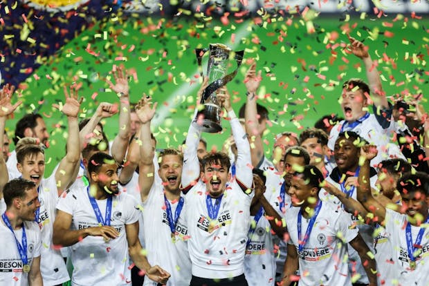 Germany celebrate with the Uefa European Under-21 Championship trophy after winning the 2021 tournament (by Grega Valancic/MB Media/Getty Images)