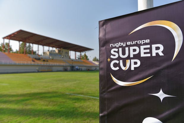 Rugby Europe Super Cup signage is displayed (Photo by Levan Verdzeuli/Getty Images)
