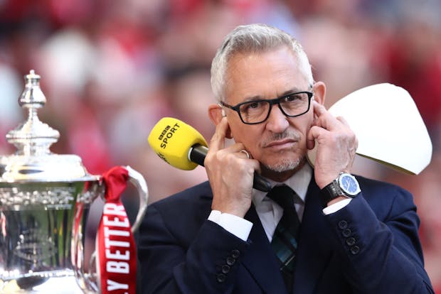 Gary Lineker looks on prior to the FA Cup semi-final match between Manchester City and Liverpool on April 16, 2022 (by Chris Brunskill/Fantasista/Getty Images)