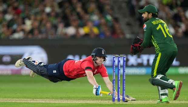 Harry Brook of England dives in to make his mark during the ICC Men's T20 World Cup final against Pakistan (Photo by Isuru Sameera/Gallo Images)