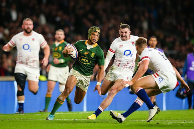 Kurt-Lee Arendse of South Africa in action during the Autumn International match versus England on November 26, 2022 (by Craig Mercer/MB Media/Getty Images)