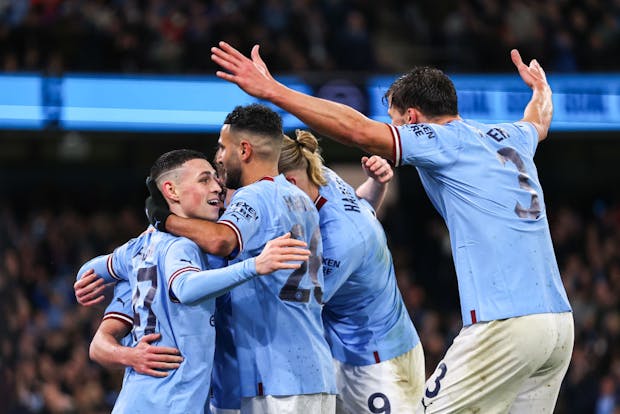 Manchester City celebrate a goal during the FA Cup quarter final match against Burnley on March 18, 2023 (by Robbie Jay Barratt - AMA/Getty Images)