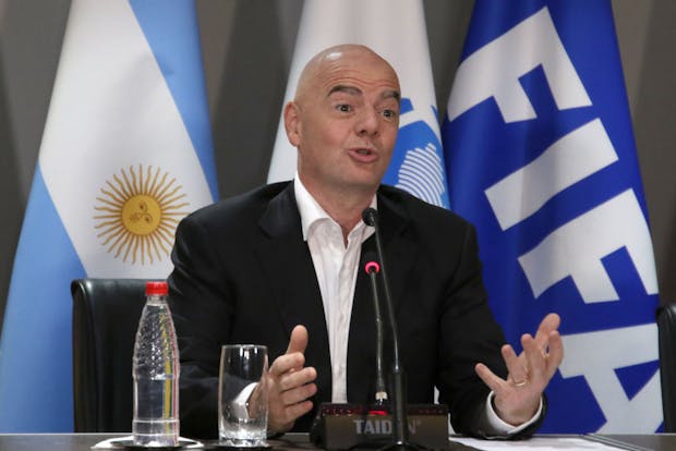Fifa president Gianni Infantino speaks during a meeting ahead of the opening of the 76th Conmebol Ordinary Congress (Photo by Christian Alvarenga/Getty Images)