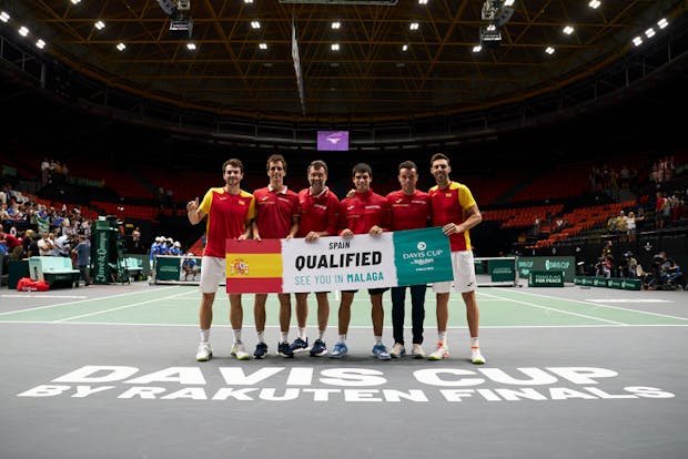 Spain celebrate qualification for the 2022 Davis Cup Final after victory in Valencia (by Manuel Queimadelos/Quality Sport Images/Getty Images)