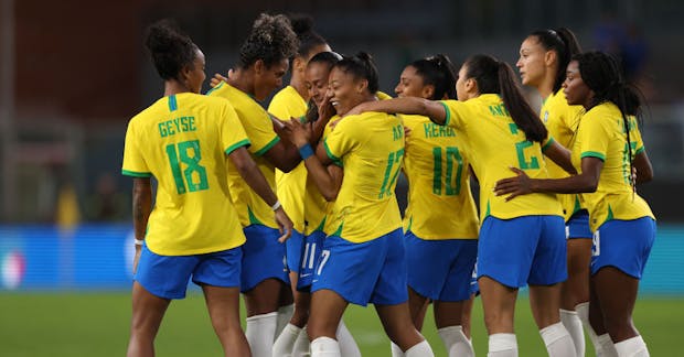 Adriana Leal da Silva of Brazil celebrates with team mates (Photo by Jonathan Moscrop/Getty Images)