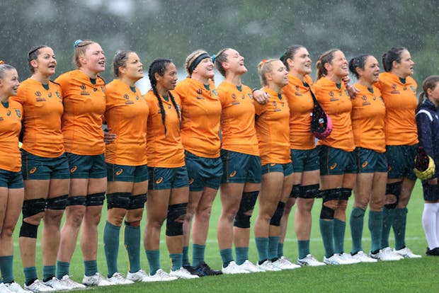 Australia sing the national anthem during the Rugby World Cup quarterfinal match against England (Photo by Phil Walter/Getty Images)