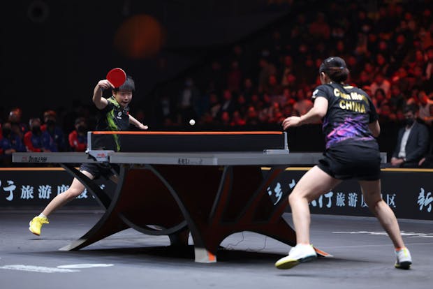 Sun Yingsha competes against Chen Meng during the women's singles final at the WTT Cup Finals Xinxiang 2022 (by Lintao Zhang/Getty Images)