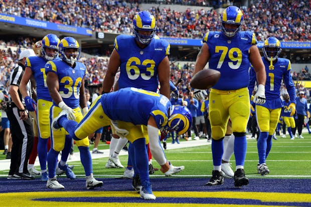 Los Angeles Rams celebrate a touchdown during the first half against the San Francisco 49ers at SoFi Stadium. (Harry How/Getty Images)