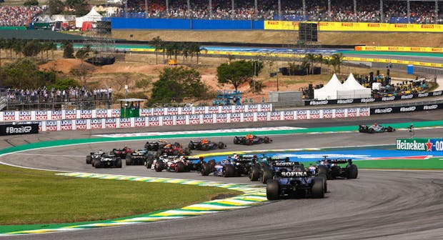 A rear view of the start during the F1 Grand Prix of Brazil (Photo by Chris Graythen/Getty Images)