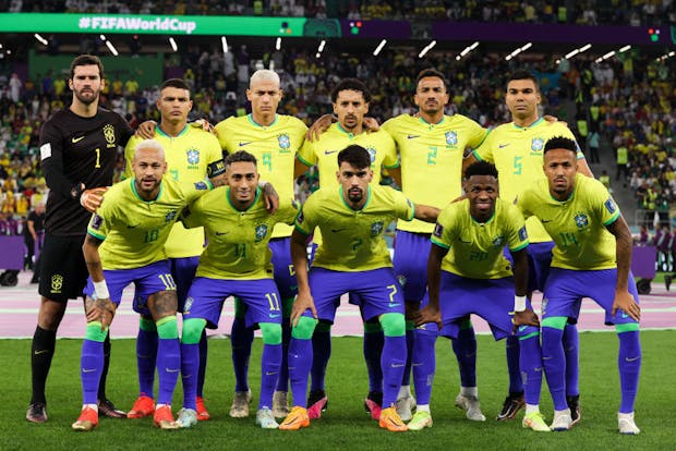 Players of Brazil line up ahead of the 2022 Fifa World Cup quarter final versus Croatia (by Zhizhao Wu/Getty Images)