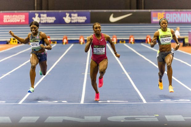 Women's 60m Final during World Athletics Indoor Tour on February 25, 2023 in Birmingham (Photo by Sam Mellish/Getty Images)