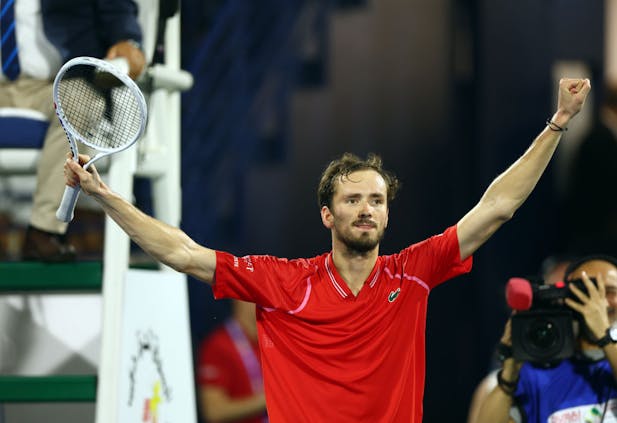 Daniil Medvedev celebrates victory against Andrey Rublev in the final of the Dubai Duty Free Tennis Championships (Amin Mohammad Jamali/Getty Images)