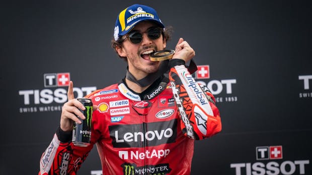 Francesco Bagnaia of Italy and Ducati Lenovo Team, winner of the Tissot Sprint at the 2023 Portuguese Grand Prix. (Photo by Steve Wobser/Getty Images)