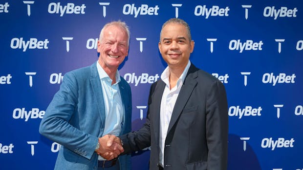 Corey Plummer (right), chairman and CEO of Olympic Entertainment Group & OlyBet Holdings, with David Brookes, senior commercial director at DP World Tour (Credit: DP World Tour)