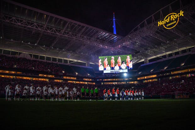 Hard Rock Stadium during team national anthems before an international friendly between the Peru and the Chile in 2018 (Getty Images)