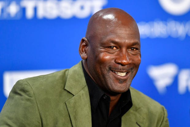 Michael Jordan attends a press conference before the NBA Paris Game match between Charlotte Hornets and Milwaukee Bucks in 2020 (Getty Images)