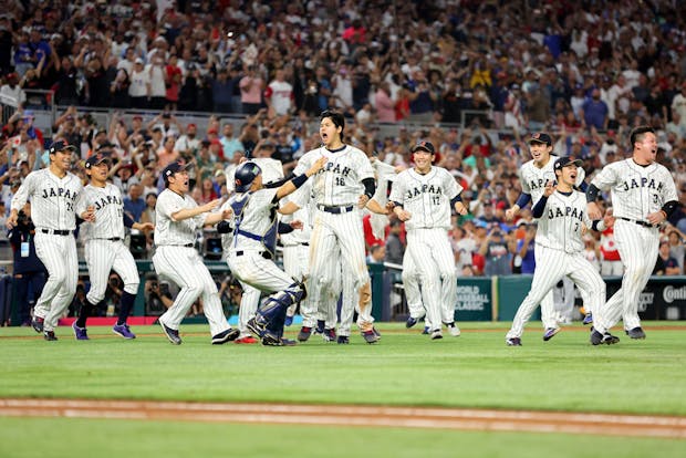 Shohei Ohtani #16 of Japan celebrates after striking out Angels teammate Mike Trout to win the World Baseball Classic (Getty Images)