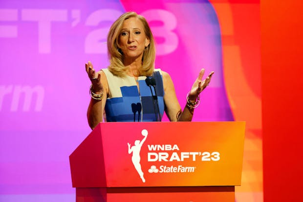 WNBA commissioner Cathy Engelbert speaks to the crowd during the 2023 WNBA Draft on April 10, 2023 in New York City. (Getty Images)