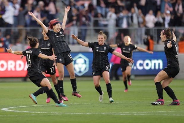 Jun Endo of Angel City FC celebrates a goal that would later be disallowed by VAR in the team's 2023 home opener against NJ/NY Gotham FC (Getty Images)