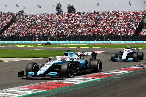 Robert Kubica of ROKiT Williams Racing leads teammate George Russell during the 2019 Mexican Grand Prix (by Mark Thompson/Getty Images)