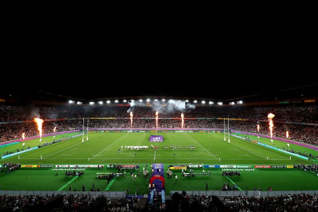 A general view inside the stadium as the two teams line up for the national anthems ahead of the 2019 Rugby World Cup final (Photo by Michael Steele/Getty Images)