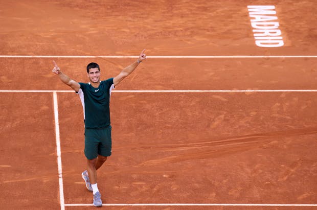 Carlos Alcaraz celebrates his win over Alexander Zverev in the men's singles final at the 2022 Madrid Open (Mateo Villalba/Quality Sport Images/Getty Images)