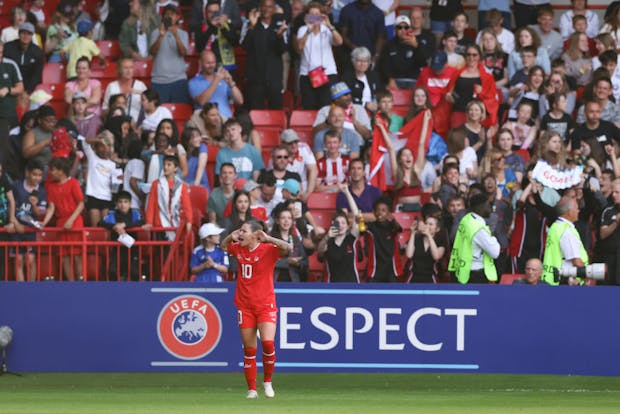 Romana Bachmann of Switzerland celebrates after scoring against Sweden during Uefa Women's Euro 2022 (Photo by Jonathan Moscrop/Getty Images).