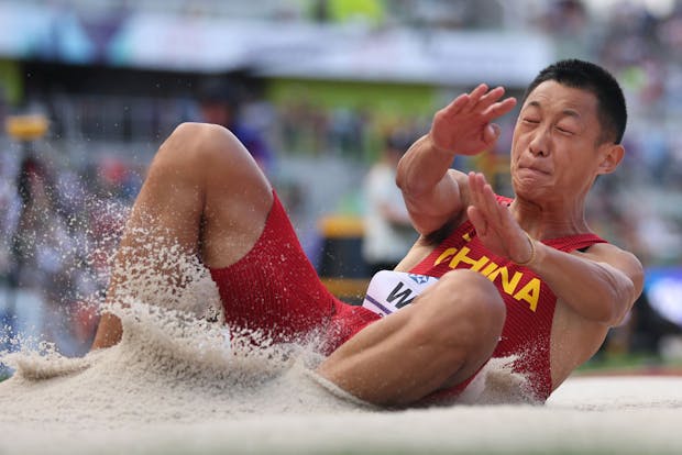 Wang Jianan of Team China on his way to gold in the men’s long jump at the 2022 World Athletics Championships in Eugene, Oregon (by Patrick Smith/Getty Images)