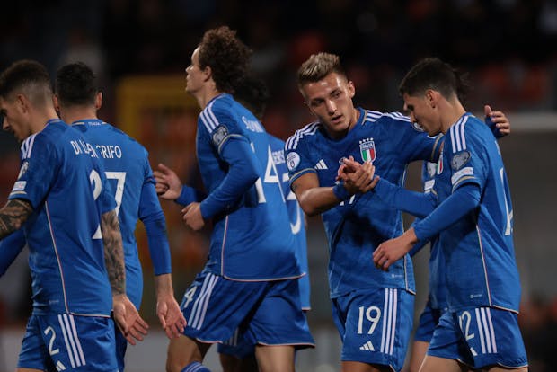 Matteo Pessina of Italy is congratulated by teammates after scoring during the Uefa Euro 2024 qualifying match against Malta (Jonathan Moscrop/Getty Images)