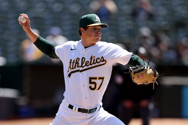 Mason Miller, #57 of the Oakland Athletics, in action against the Chicago Cubs at Oakland-Alameda County Coliseum on April 19, 2023 (by Ezra Shaw/Getty Images)