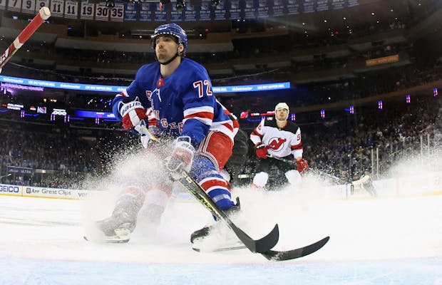 NEW YORK, NEW YORK - APRIL 24: Filip Chytil of the New York Rangers skates against the New Jersey Devils in the 2023 Stanley Cup Playoffs. (Photo by Bruce Bennett/Getty Images)