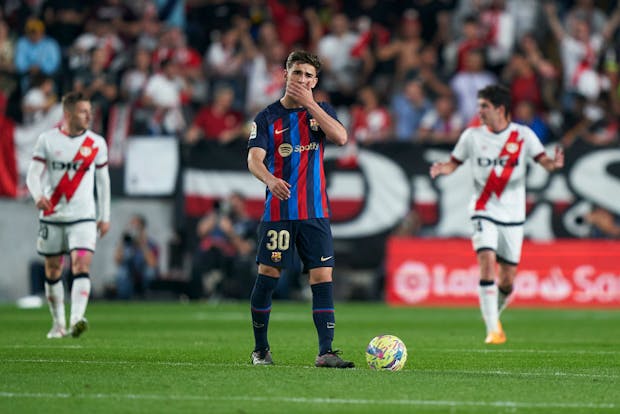 Pablo Gavi of FC Barcelona reacts during the LaLiga match at Rayo Vallecano on April 26, 2023 (by Jose Manuel Alvarez/Quality Sport Images/Getty Images)